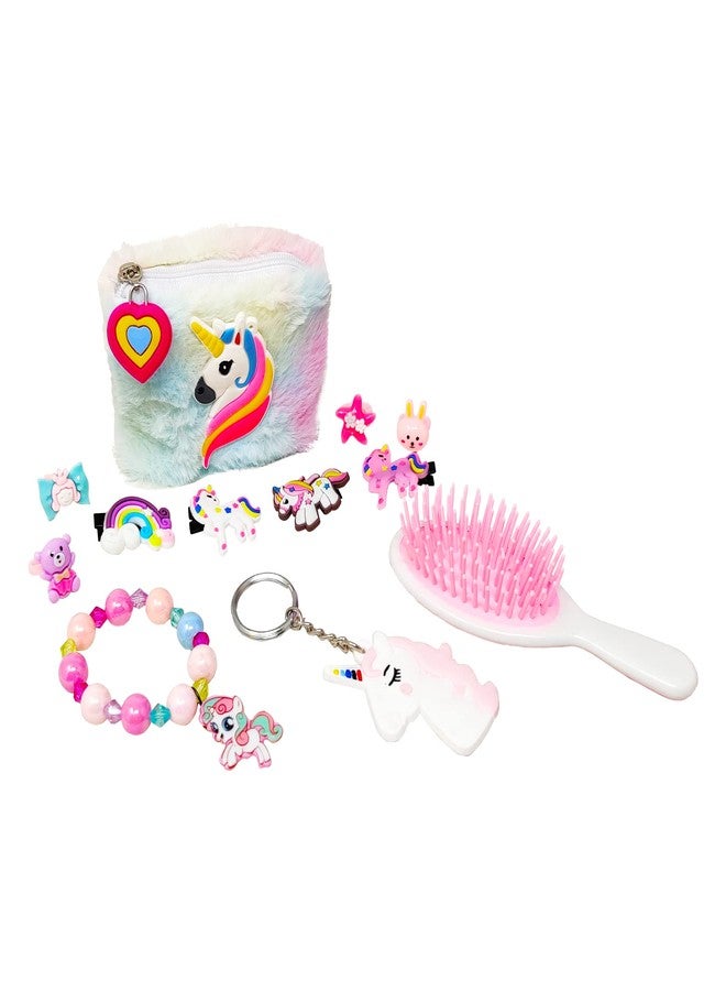 PARTEET Nylon Combo Unicorn Fer Pouch for Girls with 4 Hair Clips, 4 Rings, 1 Bracelet, 1 Keychain and 1 Comb, Return Gift for Kids, Gift Pack (Pack of 6 Items), White - Image 1