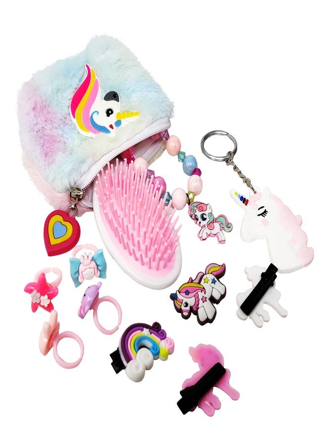 PARTEET Nylon Combo Unicorn Fer Pouch for Girls with 4 Hair Clips, 4 Rings, 1 Bracelet, 1 Keychain and 1 Comb, Return Gift for Kids, Gift Pack (Pack of 6 Items), White - Image 4