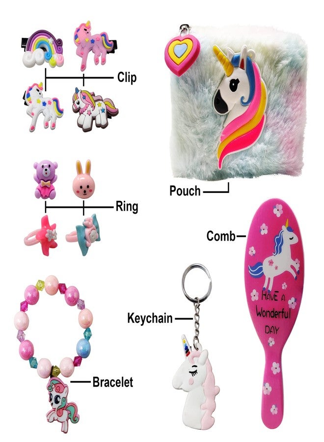 PARTEET Nylon Combo Unicorn Fer Pouch for Girls with 4 Hair Clips, 4 Rings, 1 Bracelet, 1 Keychain and 1 Comb, Return Gift for Kids, Gift Pack (Pack of 6 Items), White - Image 2