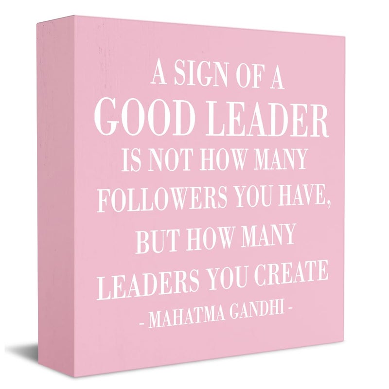 HTBIG Inspirational A Sign of A Good Leader Desk Decor Wooden Box Sign Office Decor Rustic Pink Wood Block Plaque Box Sign for Leader Boss Mentor Home Office Desk Shelf Table Decoration Leadership Gift - Image 1