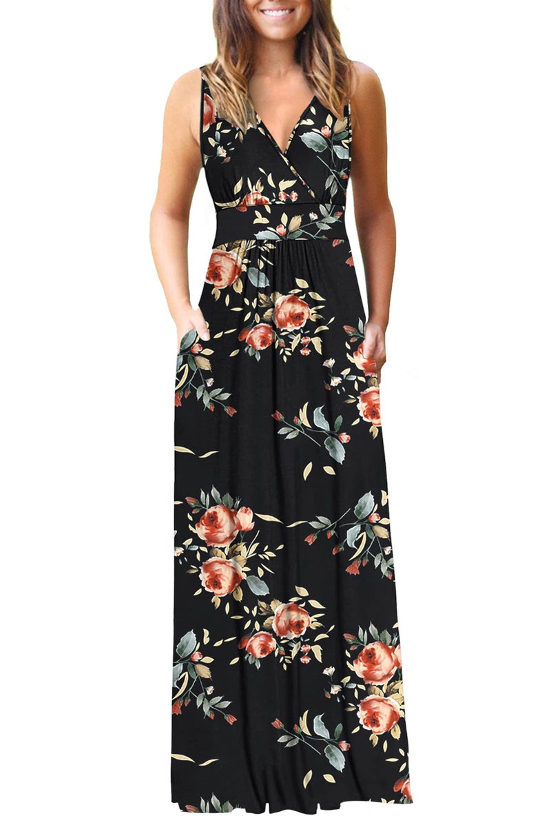 AUSELILY Women's Sleeveless Formal Dress Deep V Neck Loose Plain Cocktail Long Maxi Dresses with Pockets 2026 New Rose Black L - Image 1