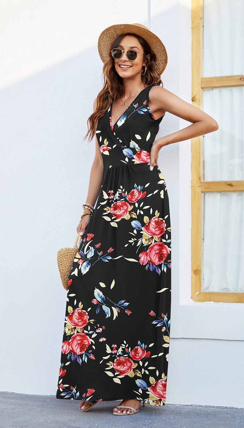 AUSELILY Women's Sleeveless Formal Dress Deep V Neck Loose Plain Cocktail Long Maxi Dresses with Pockets 2026 New Rose Black L - Image 2