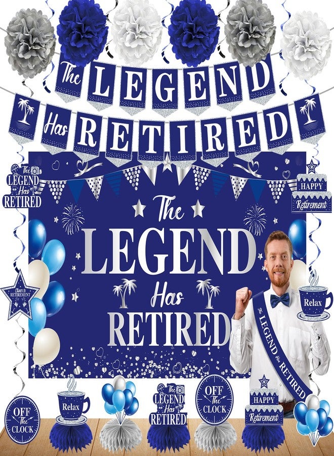 Uiorgui Retirement Party Decorations Blue Silver 20PCS Kit: Banner, Backdrop, Sash, Centerpieces, Hanging Swirls, Paper Pompoms - Image 1