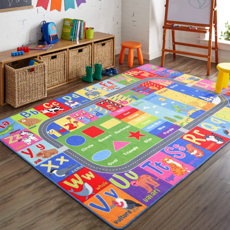 HOMORE Kids Educational Rug, Kids Collection Area Rug for Learning Alphabet, Numbers, Colors, Season and Animal Words, Playmat for Classroom Playroom, 4x6 Feet - Image 1