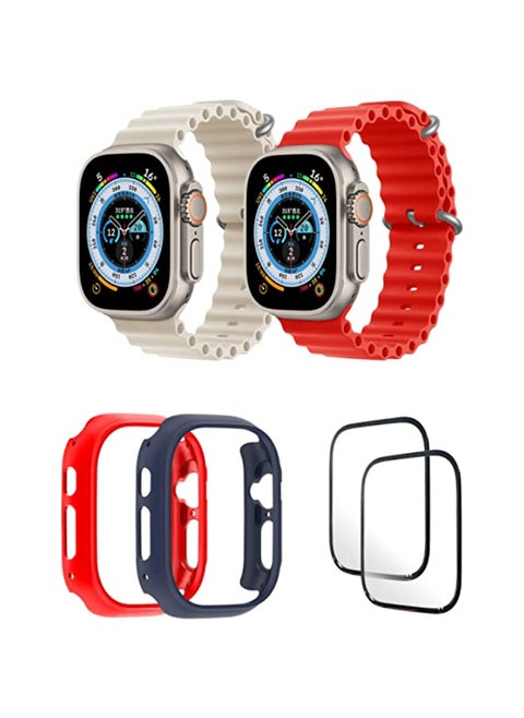 Silicone Ocean Band Strap for Apple Watch Ultra 8 49mm Pearl White/Red , Case Compatible with Apple Watch Ultra 49mm Red/Blue , 2* pcs Watch glass Set of 6