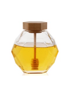 Bukela Glass Honey Jar with Spoon, Sealed Hexagonal Lid, Glass Honey Jar, Honey Jar with Natural Wood Lid and Spoon Transparent Honey Jar and Honey Stick Set with Lid, Suitable for Home Kitchen 380ML  - Image 1
