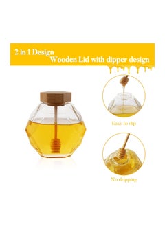 Bukela Glass Honey Jar with Spoon, Sealed Hexagonal Lid, Glass Honey Jar, Honey Jar with Natural Wood Lid and Spoon Transparent Honey Jar and Honey Stick Set with Lid, Suitable for Home Kitchen 380ML  - Image 2
