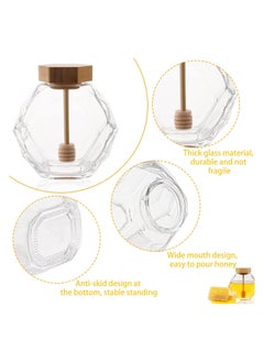Bukela Glass Honey Jar with Spoon, Sealed Hexagonal Lid, Glass Honey Jar, Honey Jar with Natural Wood Lid and Spoon Transparent Honey Jar and Honey Stick Set with Lid, Suitable for Home Kitchen 380ML  - Image 4