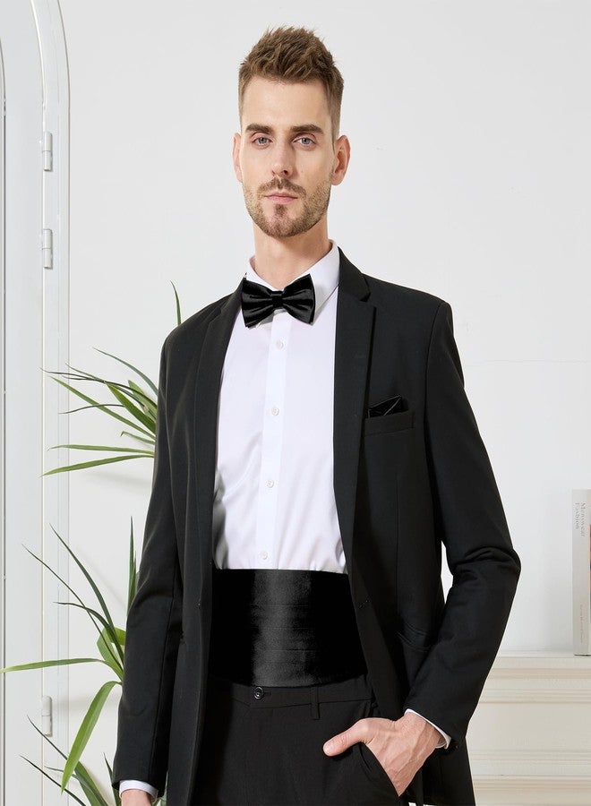 PenSee Mens Formal Solid Pre-tied Bow Tie & Pocket Square & Cummerbund Set Tuxedo Bow Ties for Men Black Medium - Image 2