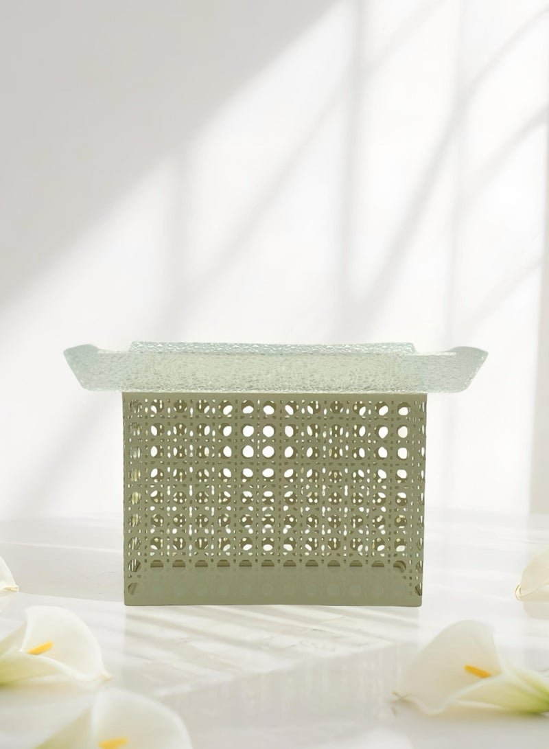 Raz Large/Beige Acrylic Decorative Tray with Rattan-Inspired Caning Base - Display Stand with Metal Frame  - Image 1