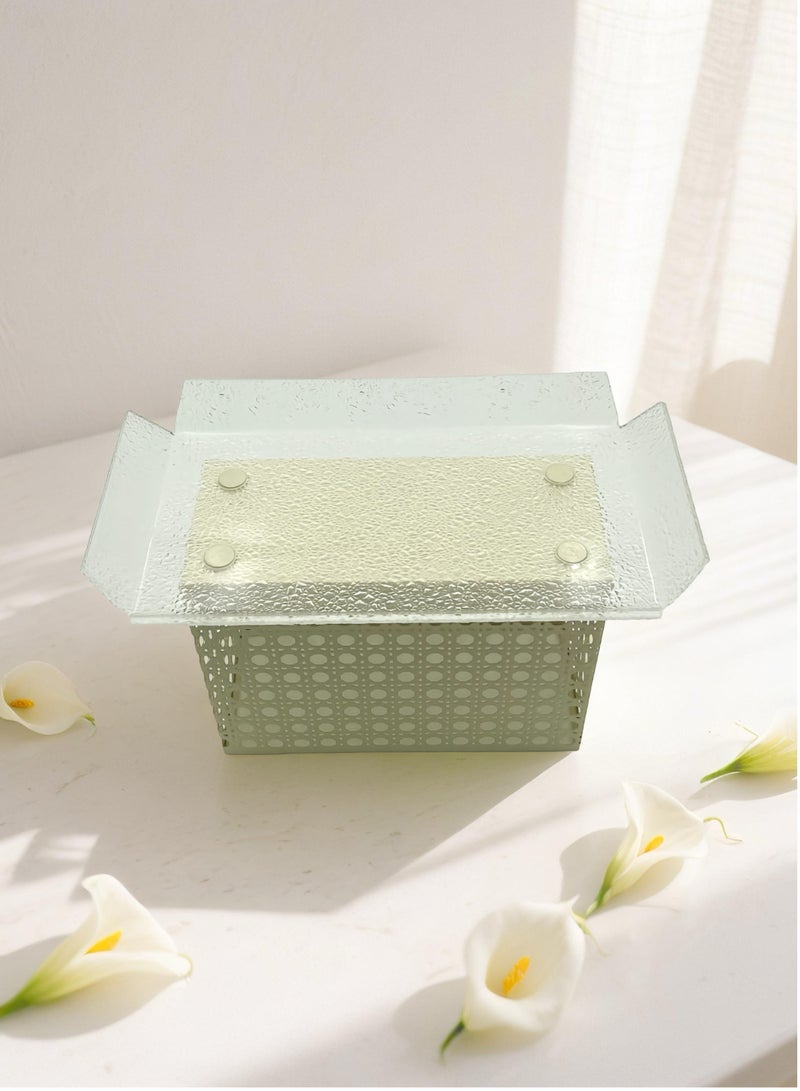 Raz Large/Beige Acrylic Decorative Tray with Rattan-Inspired Caning Base - Display Stand with Metal Frame  - Image 3