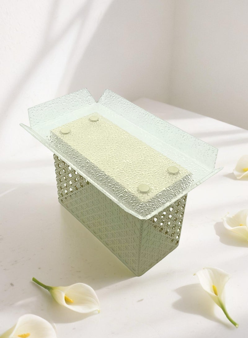 Raz Large/Beige Acrylic Decorative Tray with Rattan-Inspired Caning Base - Display Stand with Metal Frame  - Image 2