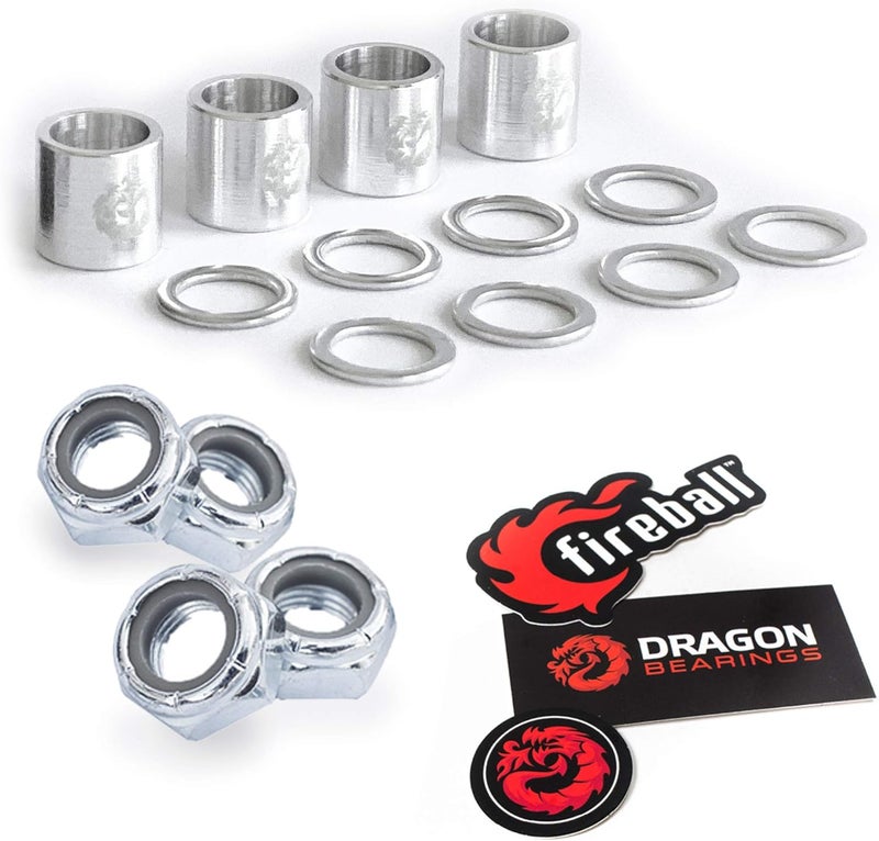 fireball Dragon Spacer, Washer, and Axle Nut (Speed Kit) for Skateboard, Longboard & Cruiser - Spacers, Speed Rings + Axle Nut Set for Bearing Performance - Image 1