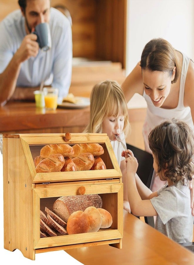 VBM Stylish Bamboo Bread Box for Kitchen Counter, Double Layer Large Storage Container with Clear Window, Air Vents & Cutting Board, Wooden Bread Bin for Loaves, Bagels, Muffins, Countertop Organizer - Image 2