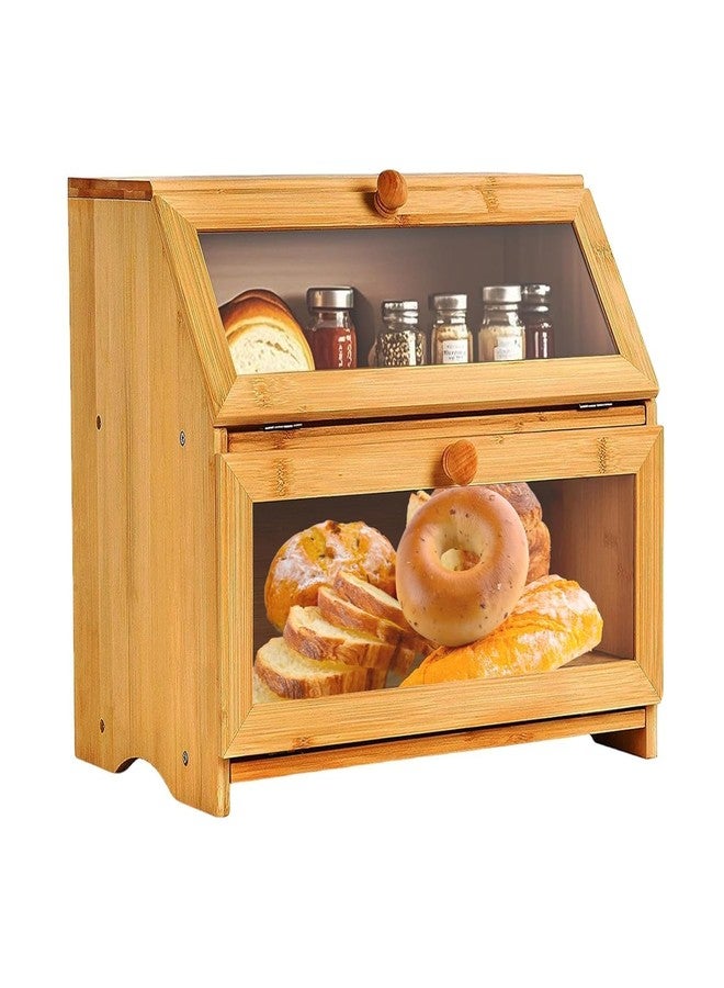VBM Stylish Bamboo Bread Box for Kitchen Counter, Double Layer Large Storage Container with Clear Window, Air Vents & Cutting Board, Wooden Bread Bin for Loaves, Bagels, Muffins, Countertop Organizer - Image 1