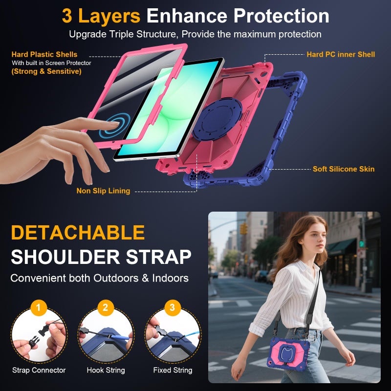 Auorld Case for Samsung Galaxy Tab A11+/A9+ Plus 11 Inch 2026/2024, Auorld Rugged Case for Samsung Galaxy A9+/A11+ Tablet with Screen Protector 360 Rotating Stand Shoulder Strap Pen Holder, Navy Pink - Image 3