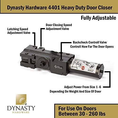 Dynasty Hardware Door Closer, Grade 1 Heavy Duty Commercial Hydraulic Closer, Self-Closing, Adjustable Spring Size 1-6, ADA Compliant, Surface Mount, Sprayed Duronotic Bronze, Series 4401 - Image 4