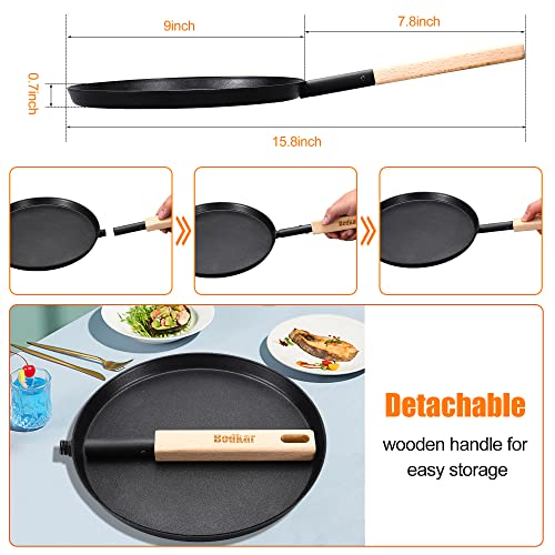 bodkar 8-inch Frying Pan Skillet Flat Crepe Pan, Lightweight Grill Pan with Wooden Handle for Camping Indoor Outdoor Cooking - Image 2