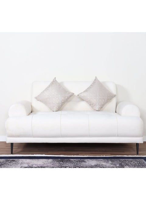 A two-person sofa made of velvet fabric with modern design and steel legs for living room or bedroom