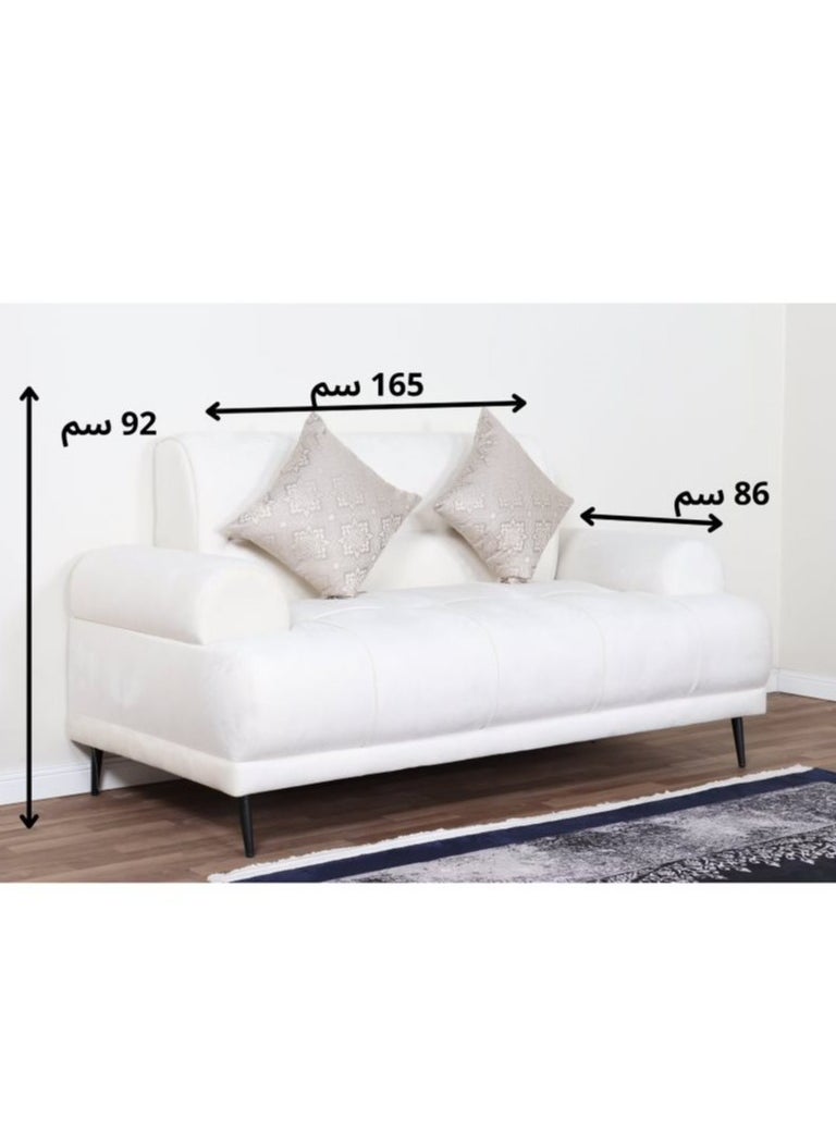 A two-person sofa made of velvet fabric with modern design and steel legs for living room or bedroom