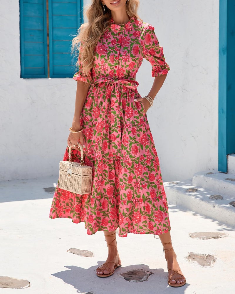 YEXPINE Women's Floral Printed Stand Ruffle Collar Midi Dress Half Sleeve Button Down Flowy Belted Beach Vacation Dress Green - Image 2