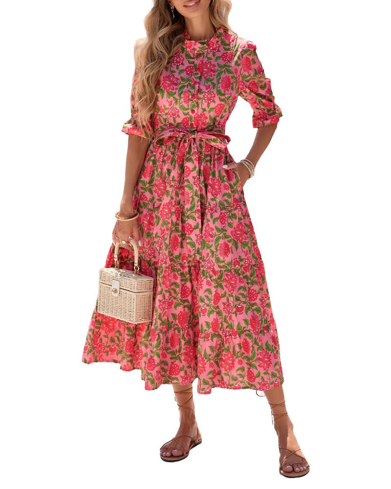 YEXPINE Women's Floral Printed Stand Ruffle Collar Midi Dress Half Sleeve Button Down Flowy Belted Beach Vacation Dress Green - Image 1