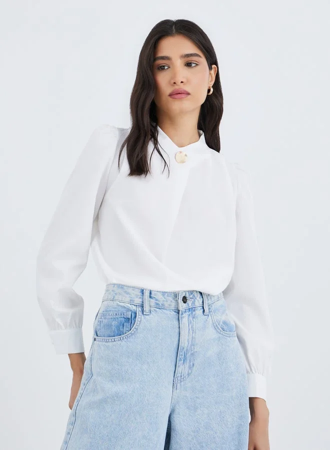 Take Two Solid Button Detail Long Sleeve Top