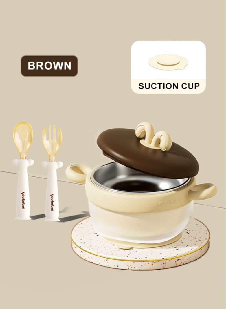 RAKAY Temperature-Sensitive Stainless Steel Baby Bowl Set, Water Filled And Insulated, Drop And Scald Resistant, Fork And Spoon Included,Brown - Image 1