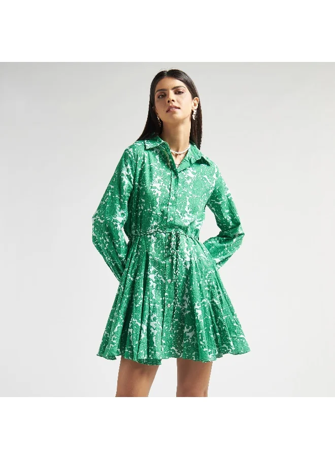 FAV All-Over Print Mini Shirt Dress with Tie-Ups and Long Sleeves