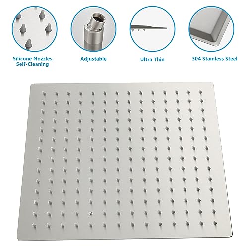 Lordear Rain Shower Head 12 Inch Solid Ultra Thin 304 Stainless Steel Adjustable Square Rainfall Shower Head Full Body Coverage with Silicone Nozzle 12” Waterfall Showerhead,Brushed Nickel - Image 3