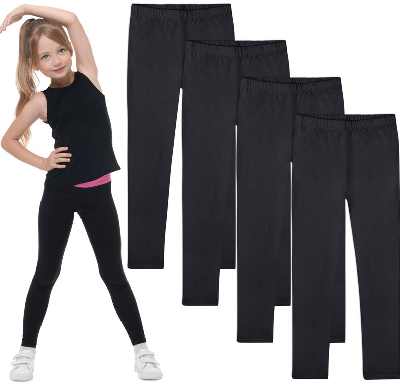 FEQO 4 Pack Girls Cotton Leggings Pants Full Length Basic Leggings Stretchy Legging Footless Tight Pants Black,6-7 Years - Image 1