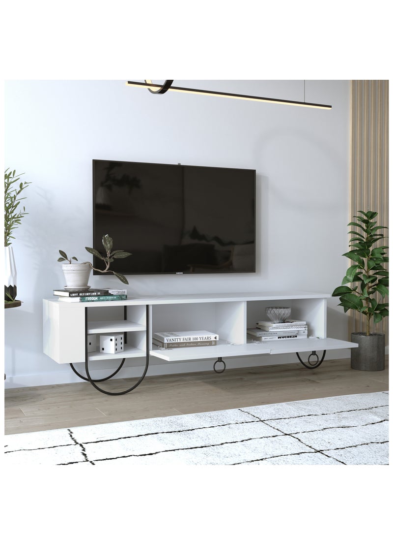 Mourah Home Norfolk TV Stand 2-Door Storage 2 shelf Up To 60'' Inch TV | Modern Tv Stand Metal Legs| Living Room Cabinet| 151x35.6x43.6 CM (White) - Image 2