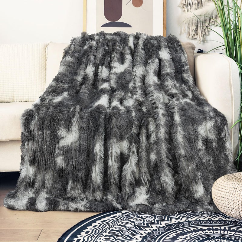 Tuddrom Decorative Extra Soft Faux Fur Blanket Twin Size 70"" x 78"" Solid Reversible Fuzzy Long Hair Shaggy Blanket Fluffy Cozy Plush Fleece Comfy Microfiber Blanket for Couch Sofa Bed Tie Dye Grey - Image 2