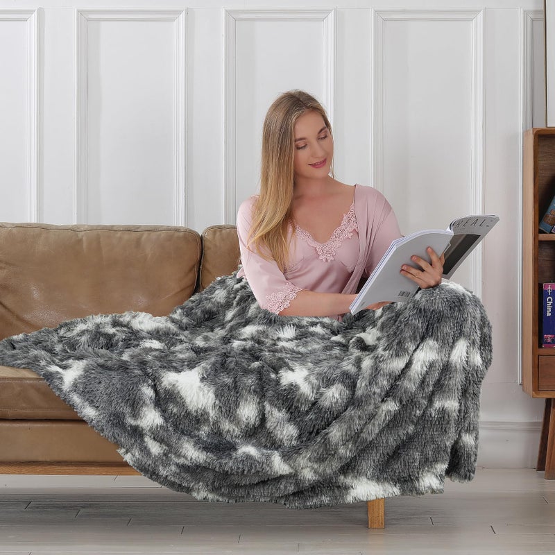 Tuddrom Decorative Extra Soft Faux Fur Blanket Twin Size 70"" x 78"" Solid Reversible Fuzzy Long Hair Shaggy Blanket Fluffy Cozy Plush Fleece Comfy Microfiber Blanket for Couch Sofa Bed Tie Dye Grey - Image 3
