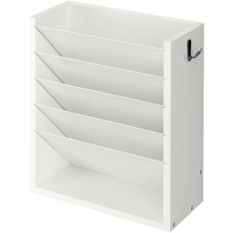 Creso hom Hanging Wall File Organizer, 6 Tier Wood Wall File Holder with 2 Hooks, Mail Organizer Wall Mounted with Bottom Flat Tray, Vertical Paper Desk Storage for Office, Home, White - Image 1