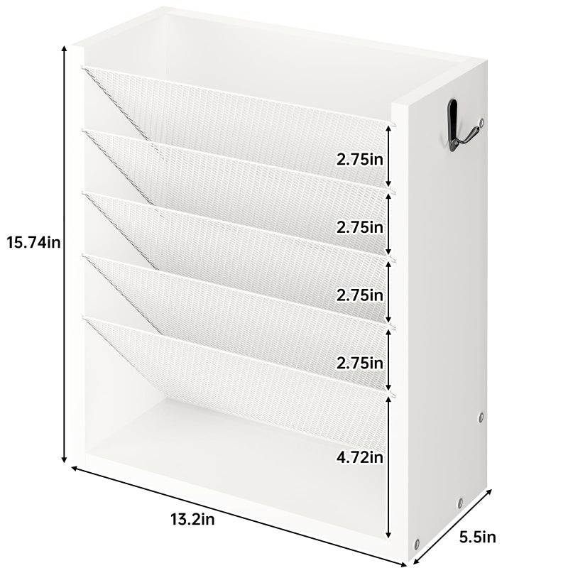 Creso hom Hanging Wall File Organizer, 6 Tier Wood Wall File Holder with 2 Hooks, Mail Organizer Wall Mounted with Bottom Flat Tray, Vertical Paper Desk Storage for Office, Home, White - Image 3