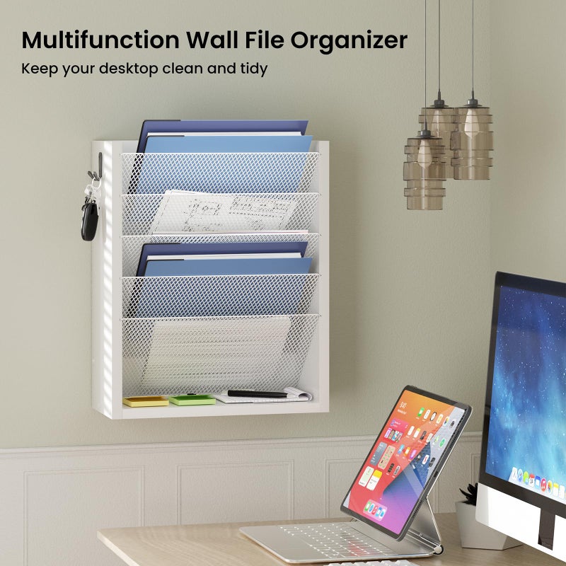 Creso hom Hanging Wall File Organizer, 6 Tier Wood Wall File Holder with 2 Hooks, Mail Organizer Wall Mounted with Bottom Flat Tray, Vertical Paper Desk Storage for Office, Home, White - Image 4