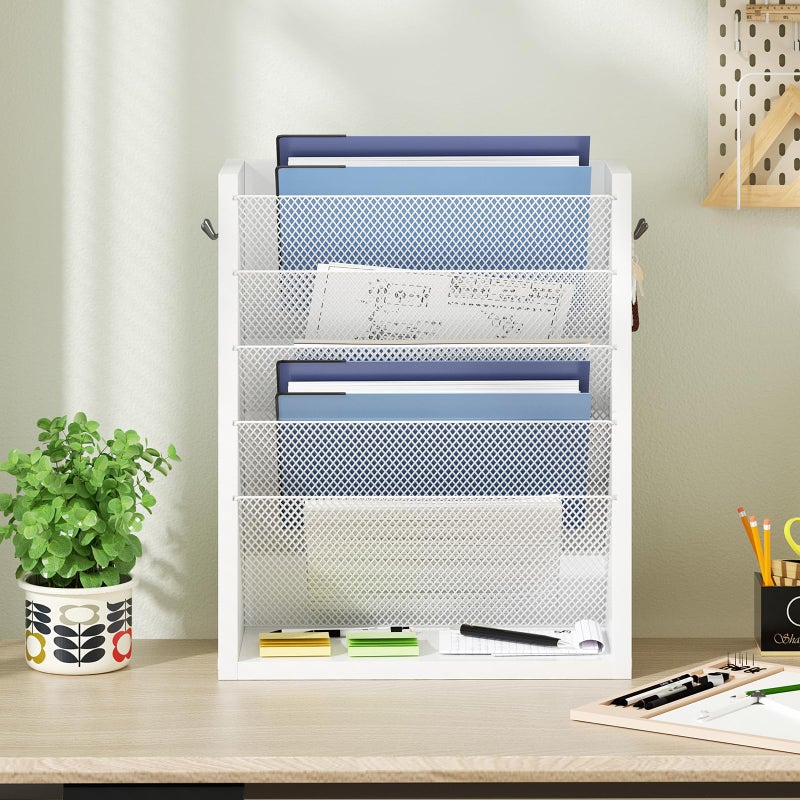 Creso hom Hanging Wall File Organizer, 6 Tier Wood Wall File Holder with 2 Hooks, Mail Organizer Wall Mounted with Bottom Flat Tray, Vertical Paper Desk Storage for Office, Home, White - Image 2