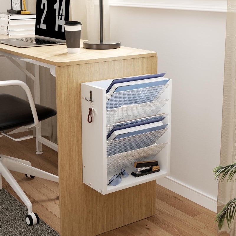 Creso hom Hanging Wall File Organizer, 6 Tier Wood Wall File Holder with 2 Hooks, Mail Organizer Wall Mounted with Bottom Flat Tray, Vertical Paper Desk Storage for Office, Home, White - Image 5