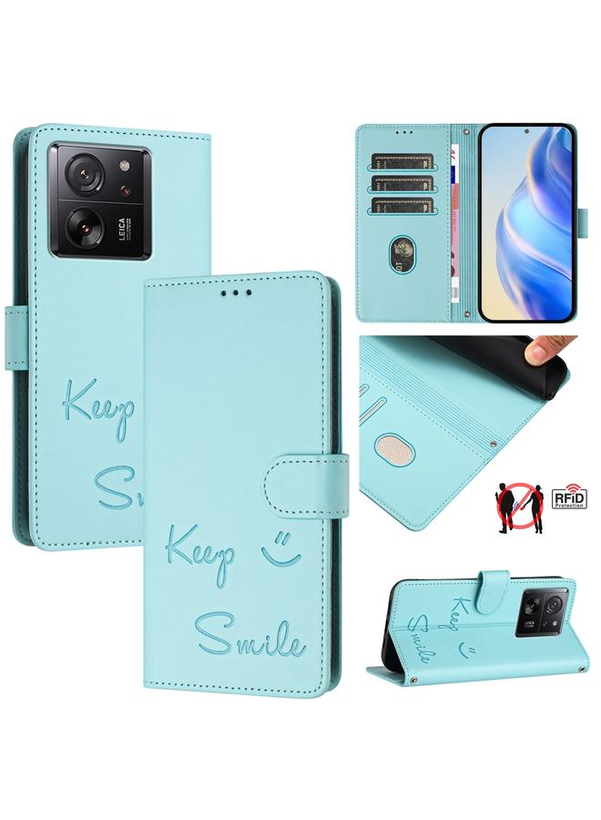 Zaboon For Xiaomi 13T / 13T Pro Smile Embossing RFID Leather Phone Case(Mint Green)