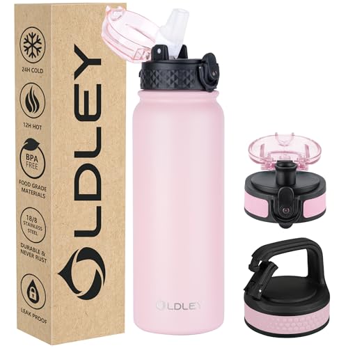 Oldley Insulated Water Bottle 20oz Water Bottles with Straw Stainless Steel Water Bottle with 3 Lids Double Wall Vacuum Bottles for Adult Kids Sports Bottles for School Travel Pink