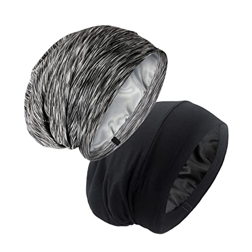 GB Selected Silk Satin Lined Bonnet Sleep Cap - Adjustable Stay on All Night Hair Wrap Cover Slouchy Beanie for Curly Hair Protection for Women and Men - Black & Heather Black - Image 1