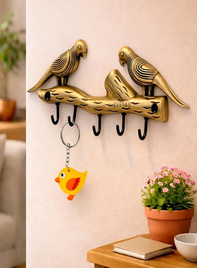 Zeetab Two Love Bird Key Holder with 5 Hooks | Parrots Brass Key Stand & Wall Mount Hanger | Home Decor & Housewarming Gift 21x7cm (Antique) - Image 1