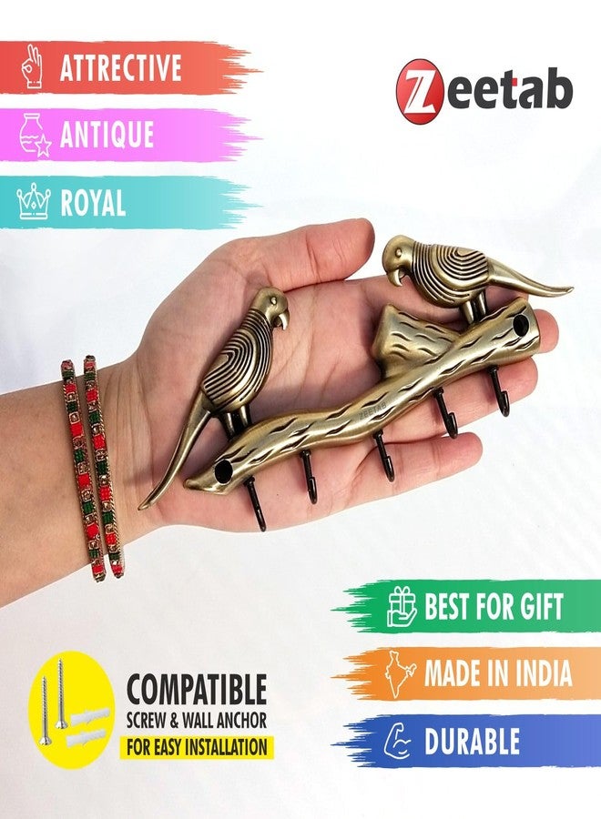 Zeetab Two Love Bird Key Holder with 5 Hooks | Parrots Brass Key Stand & Wall Mount Hanger | Home Decor & Housewarming Gift 21x7cm (Antique) - Image 2