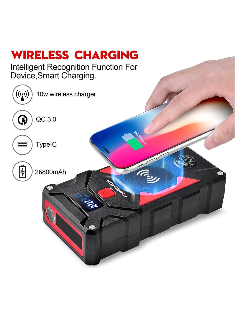 FNNEMGE - Car Jump Starter with 26800mAh Water-Resistant Jump Starter Battery Pack, 12V Battery Jumper Starter Portable Equipped with USB Quick Charge 3.0, LED Light, EC-5 Output Adapter, Storage Box - Image 1