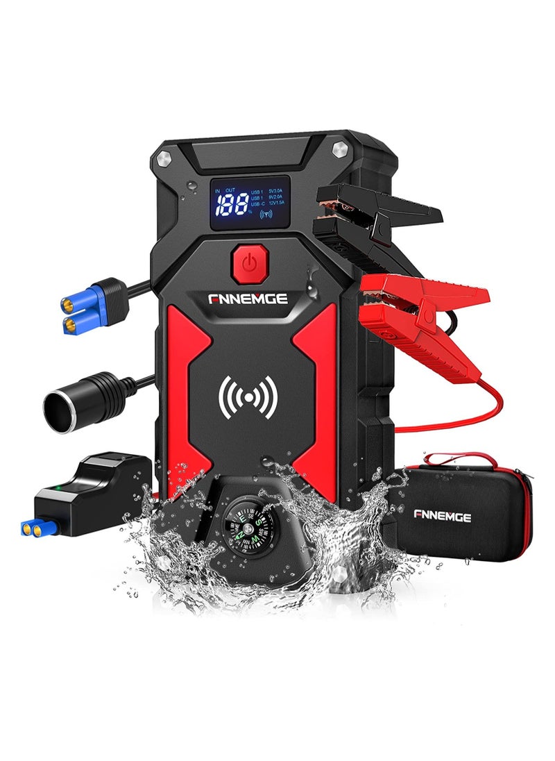 FNNEMGE - Car Jump Starter with 26800mAh Water-Resistant Jump Starter Battery Pack, 12V Battery Jumper Starter Portable Equipped with USB Quick Charge 3.0, LED Light, EC-5 Output Adapter, Storage Box - Image 1