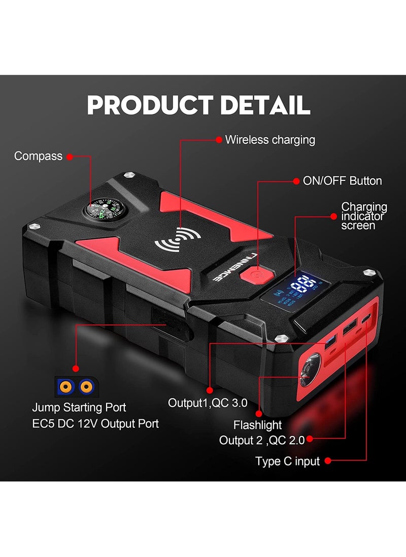 FNNEMGE - Car Jump Starter with 26800mAh Water-Resistant Jump Starter Battery Pack, 12V Battery Jumper Starter Portable Equipped with USB Quick Charge 3.0, LED Light, EC-5 Output Adapter, Storage Box - Image 1