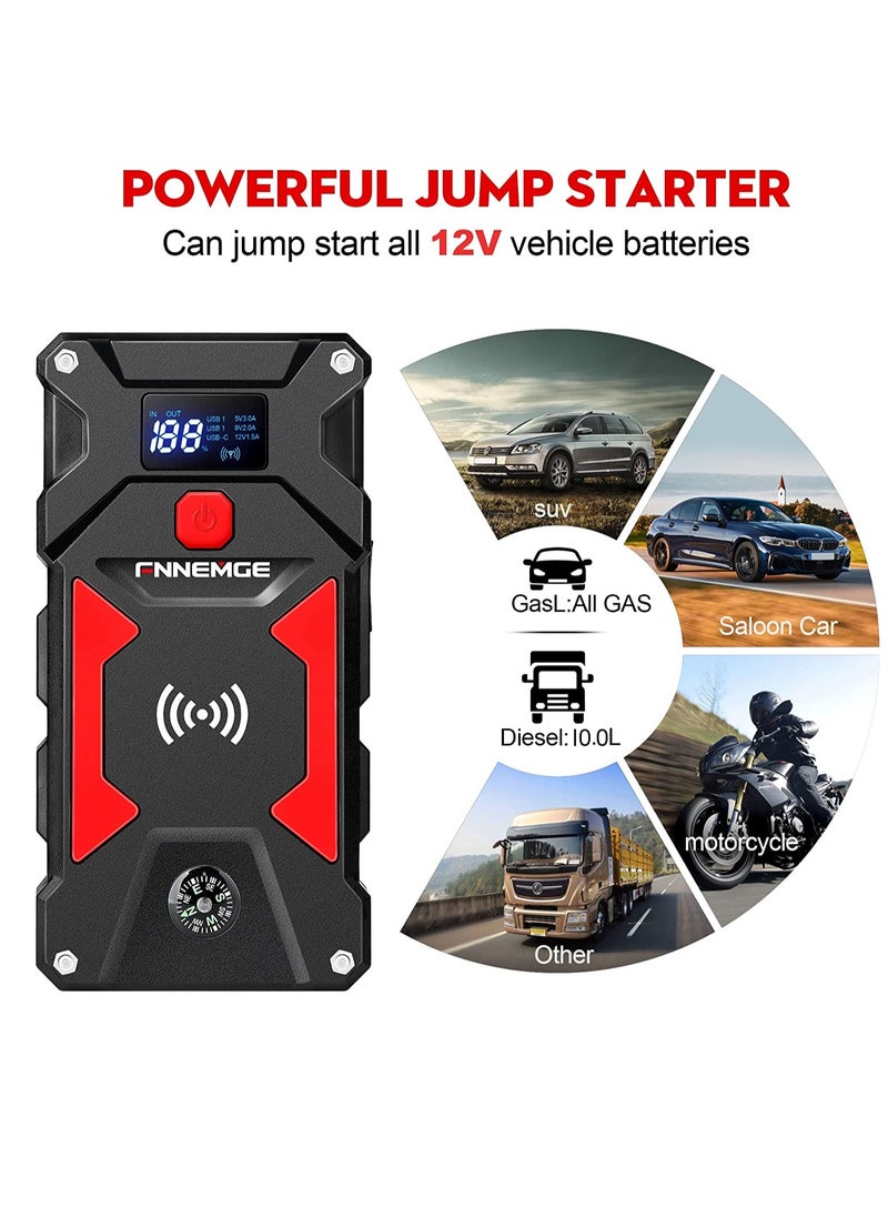 FNNEMGE - Car Jump Starter with 26800mAh Water-Resistant Jump Starter Battery Pack, 12V Battery Jumper Starter Portable Equipped with USB Quick Charge 3.0, LED Light, EC-5 Output Adapter, Storage Box - Image 1