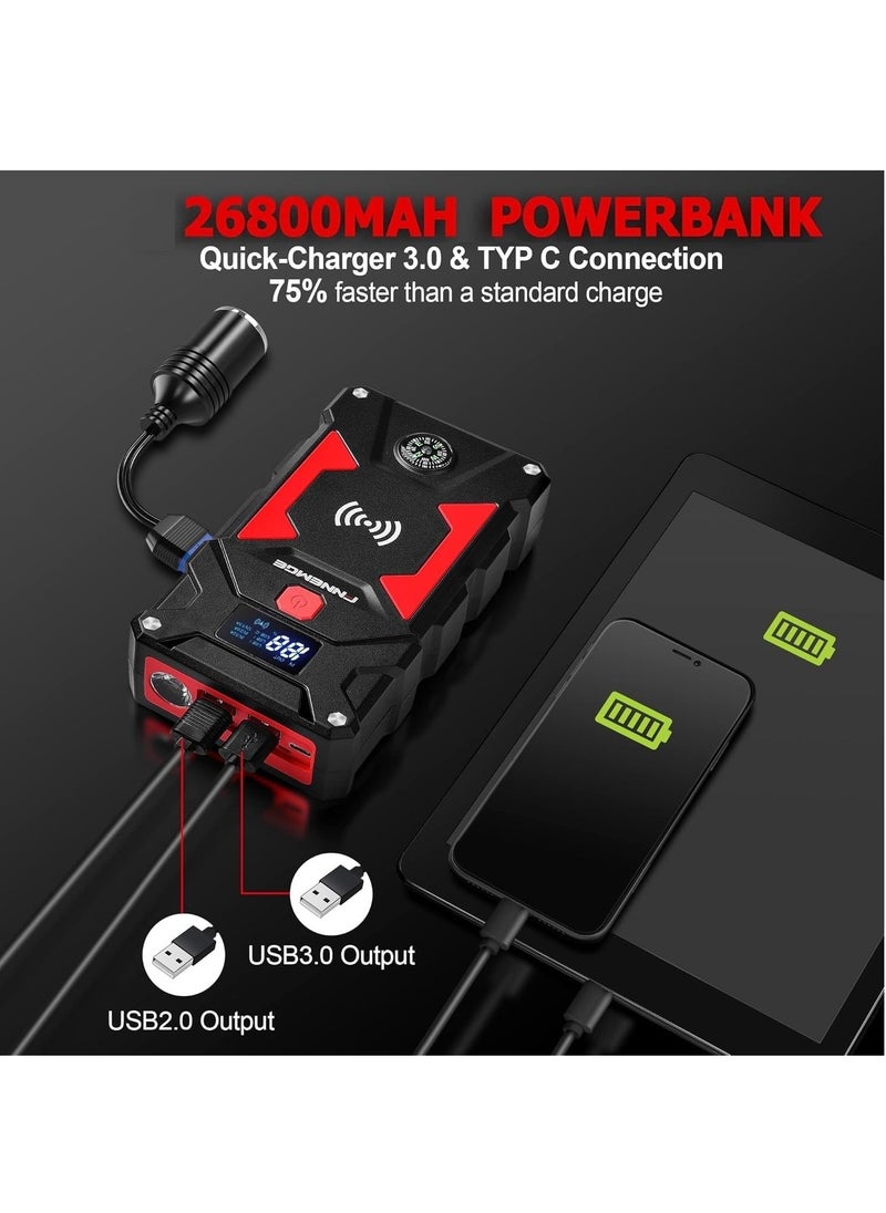 FNNEMGE - Car Jump Starter with 26800mAh Water-Resistant Jump Starter Battery Pack, 12V Battery Jumper Starter Portable Equipped with USB Quick Charge 3.0, LED Light, EC-5 Output Adapter, Storage Box - Image 1
