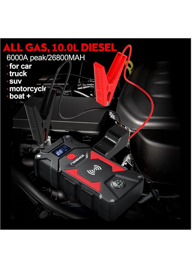 FNNEMGE Car Jump Starter with 26800mAh 6000A Water-Resistant Jump Starter Battery Pack, 12V Battery Jumper Starter Portable Equipped with USB Quick Charge 3.0, LED Light, EC-5 Output Adapter, Storage Box  - Image 2